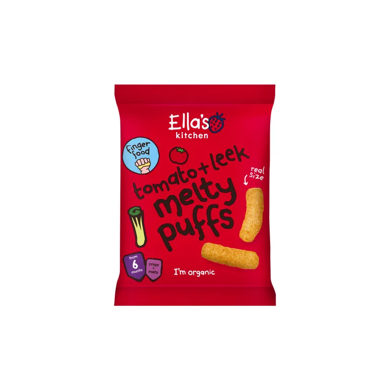 Ella's Kitchen Organic Tomato and Leek Melty Puffs Baby Snack 6+ Months