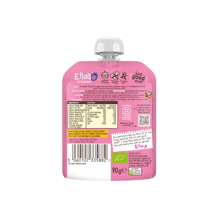 Ella's Kitchen Strawberry Greek Style Yoghurt Baby Food Pouch 6+ Months 