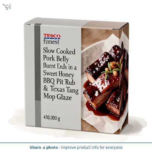 Tesco Finest Slow Cooked Pork Belly Burnt Ends in a Sweet Honey BBQ Pit Rub & Texas Style Tang Mop Glaze 410G