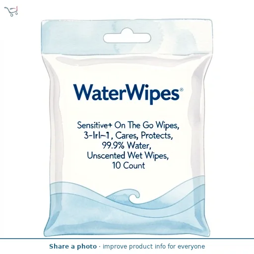 WaterWipes Sensitive+ On The Go Wipes, 3-In-1 Cleans, Cares, Protects, 99.9% Water, Unscented Wet Wipes,10 Count