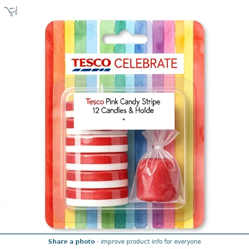 Tesco Pink Candy Stripe 12 Candles & Holde