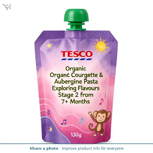 Tesco Organic Courgette & Aubergine Pasta Exploring Flavours Stage 2 from 7+ Months 130g