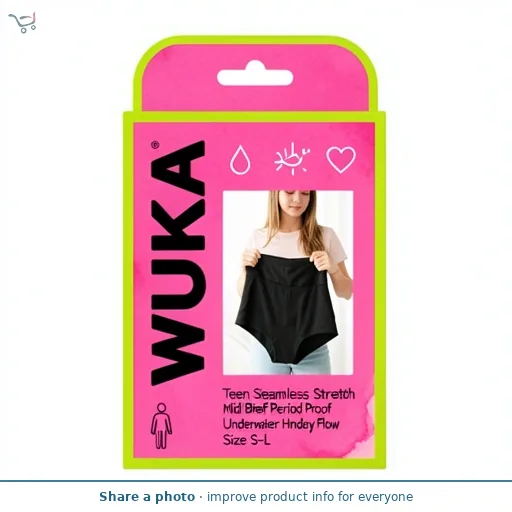 WUKA Teen Seamless Stretch Midi Brief Period Proof Underwear Heavy Flow Black Size S-L