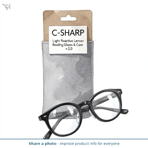 C-Sharp Light Reactive Lenses Reading Glasses & Case +2.0